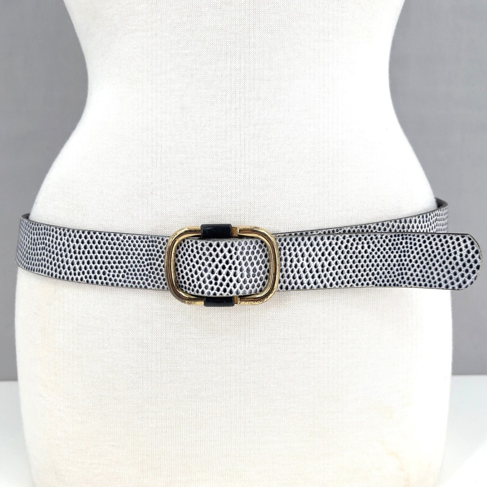 J.Crew Womens M L Leather Belt Black White Shagreen Print Italian Quiet Luxury